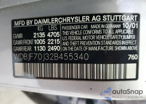 2002 Mercedes-Benz E 430 from USA, damaged, VIN WDBJF70J32B455340